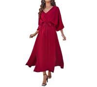 Canli4Y Elegantes Stain Maxikleid Damen Sexy Schlitz Lange Kleid Maxi Abendkleid Cocktailkleid Partykleid mit Bindegürtel und Fledermausärmel Weinrot XL