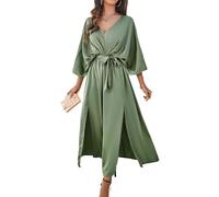Canli4Y Elegantes Stain Maxikleid Damen Sexy Schlitz Lange Kleid Maxi Abendkleid Cocktailkleid Partykleid mit Bindegürtel und Fledermausärmel Grün S