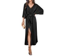 Canli4Y Elegantes Stain Maxikleid Damen Sexy Schlitz Lange Kleid Maxi Abendkleid Cocktailkleid Partykleid mit Bindegürtel und Fledermausärmel Schwarz M