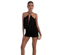 Canli4Y Halter Minikleid Damen Schulterfreies Chiffon Sommerkleid Sexy Cocktailkleid Kurzes Kleider für Strand, Party, Club, Urlaub, Date Schwarz M
