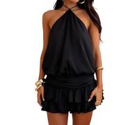 Canli4Y Halter Minikleid Damen Schulterfreies Sommerkleid Sexy Cocktailkleid Kurzes Kleider für Strand, Party, Club, Urlaub, Alltag, Date Schwarz L