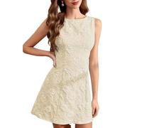 Canli4Y Jacquard Minikleid Damen Sommer Elegantes Kurze Kleid Freizeitkleider Partykleid Mini Dress Outfit für Hochzeitsgäste Party Festlich Beige XL