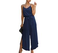 Canli4Y Jumpsuit Damen Sommer Sexy Cocktail Elegant Mode Gürtel Overall Hochzeit Hawaii Urlaub Strand V-Ausschnitt Hosenanzug Business Baggy Festlich Spaghettiträger Outfit Marine Blau S