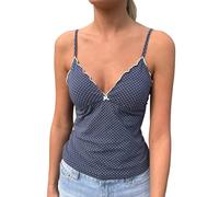 Canli4Y Pünktchen Tank für Damen, V-Ausschnitt Shirt, lässig, Süß, y2k, Sommer, Basic, Cami Oberteil für Club, Party,festlich, Urlaub Marineblau S