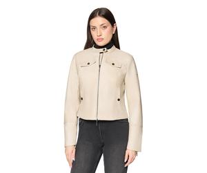 Canvasjacke AMBER & JUNE "Damen mit Stehkragen", Damen, Gr. 34, beige, Obermaterial: 100% Polyurethan, 100% Polyester. Futter: 100% Polyester, figurbetont, Jacken (92596114-34) beige