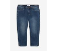 Caprijeans BONPRIX "Slim Fit Jeans Mid Waist, cropped", Damen, Gr. 48, N-Gr, blau (dunkelblau used), Denim/Jeans, Obermaterial: 82% Baumwolle, 17% Polyester, 1% Elasthan, unifarben, regular fit ca. Mi