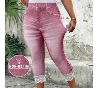 Capri-Leggings in Große Größen für Frauen mit Denim-Effekt-Muster und Kontrastspitze