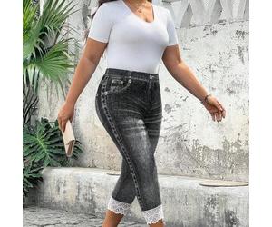 Capri-Leggings in Große Größen, Lässig-Mode, Jeans-Optik mit Kontrast-Spitze und Gummizug