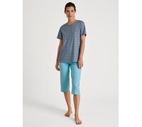 Capri-Pyjama CALIDA "Spring Nights", Damen, Gr. M (44/46), blau (blau topaz), Single Jersey, Obermaterial: 100% Baumwolle, gemustert, unifarben, loose fit 3/4-Länge, Rundhals, Homewear-Sets Capri-Pyja