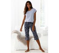 Capri-Pyjama VIVANCE DREAMS, Damen, Gr. 40/42, blau (dunkelblau, geblümt), Single Jersey, Obermaterial: 100% Baumwolle, geblümt, gemustert, loose fit 3/4-Länge, Rundhals, angeschnitten Aufschlag, Home