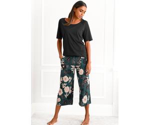Capri-Pyjama S.OLIVER, Damen, Gr. 40/42, bunt (schwarz, dunkelgrün, gemustert), Single Jersey, Obermaterial: 50% Baumwolle, 50% Viskose, geblümt, loose fit 3/4-Länge, Rundhals, Raglanärmel, Homewear-S