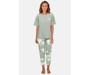 Capri-Pyjama TOM TAILOR "Kenmare", Damen, Gr. 38 (M), grün, Single Jersey, Obermaterial: 95% Viskose, 5% Elasthan, bequem 7/8-Länge, Rundhals, Homewear-Sets, mit Muster, Kurzarm, Rundhalsausschnitt, l