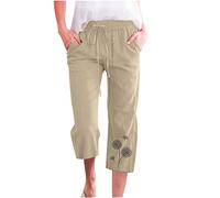 Caprihose Damen Lässige Löwenzahn Muster Baumwoll Leinen Kurze Hose Elastische Taille Sommerhose Alltag Weitem Bein Hosen Kurz geschnittene Hosen Trekkinghose Latzhose Freizeithose Für Frauen
