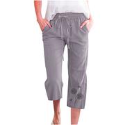 Caprihose Damen Lässige Löwenzahn Muster Baumwoll Leinen Kurze Hose Elastische Taille Sommerhose Alltag Weitem Bein Hosen Kurz geschnittene Hosen Trekkinghose Latzhose Freizeithose Für Frauen