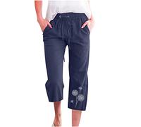 Caprihose Damen Lässige Löwenzahn Muster Baumwoll Leinen Kurze Hose Elastische Taille Sommerhose Alltag Weitem Bein Hosen Kurz geschnittene Hosen Trekkinghose Latzhose Freizeithose Für Frauen