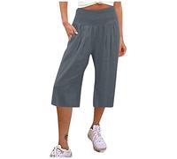 Caprihose Damen Mit Taschen 3/4 Hose Damen Freizeit Sommerhose Leicht Und Luftig Stoffhose Palazzo Hose Damen Musselin Sporthose Weite Dreiviertel Hose Damen 7/8 Culottes Hosen Damen Mit Gummizug