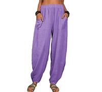 Caprihose Damen Sommer Leicht - Leinenhose Mit Taschen Damen - Strandhose Große Größen Pumphose High Waist Leinenhosen Weites Bein Haremshose Baggy Sommerhose Luftig Freizeithose Leinen Yogahose