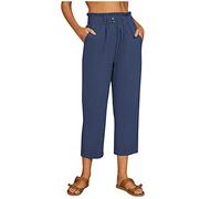 Caprihose Damen Sommerhose 3/4 Culotte Hose Leichte Atmungsaktives Stoff Caprihose für Damen Leinenhose Culottehose Mit elastischem Bund knöchellang Strandhose (Navy, L)