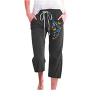 Caprihose Damenhose Casual Schmetterling Kurze Hose Baumwoll Leinen Sommerhose mit Elastische Taille Lockere Weitem Bein Hosen Kurz geschnittene Hosen Arbeitshose Latzhose Strandhose Für Frauen