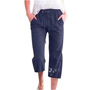 Caprihose Damenhose Vintage Löwenzahn Muster Kurze Hose Baumwoll Leinen Sommerhose mit Elastische Taille Lockere Weitem Bein Hosen Kurz geschnittene Hosen Arbeitshose Latzhose Frauen Freizeithose