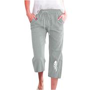 Caprihose Für Damen Hose Casual Federmuster Sieben-Punkte-Hose Baumwoll Leinen Sommerhose mit Elastische Taille Alltag Weitem Bein Hosen Heimhose Arbeitshose Wanderhose Freizeithose Für Frauen