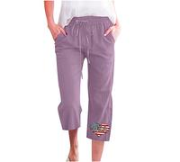 Caprihose Für Damen Hose Streifenherz Muster Kurze Hose Baumwoll Leinen Sommerhose mit Elastischem Bund Alltag Weitem Bein Hosen Kurz geschnittene Hosen Trekkinghose Latzhose Chinohose Für Frauen