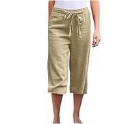 Caprihose Für Damen Hosen Casual Einfarbige Sieben-Punkte-Hose Baumwoll Leinen Sommerhose mit Elastische Taille Alltag Weitem Bein Hosen Heimhose Trainingshose Wanderhose Chinohose Für Frauen
