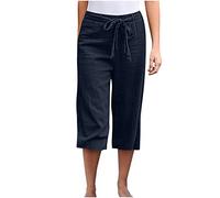 Caprihose Für Damen Hosen Casual Einfarbige Sieben-Punkte-Hose Baumwoll Leinen Sommerhose mit Elastische Taille Alltag Weitem Bein Hosen Heimhose Trainingshose Wanderhose Chinohose Für Frauen