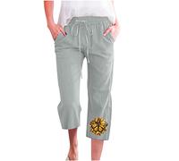 Caprihose Für Damen Hosen Sonnenblume Muster Kurze Hose Baumwoll Leinen Elastische Taille Sommerhose Lockere Weitem Bein Hosen Kurz geschnittene Hosen Trekkinghose Latzhose Chinohose Für Frauen