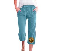 Caprihose Für Damen Hosen Sonnenblume Muster Kurze Hose Baumwoll Leinen Elastische Taille Sommerhose Lockere Weitem Bein Hosen Kurz geschnittene Hosen Trekkinghose Latzhose Chinohose Für Frauen