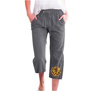 Caprihose Für Damen Hosen Sonnenblume Muster Kurze Hose Baumwoll Leinen Elastische Taille Sommerhose Lockere Weitem Bein Hosen Kurz geschnittene Hosen Trekkinghose Latzhose Chinohose Für Frauen