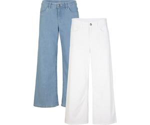 Caprijeans BONPRIX "Capri Jeans Mid Waist, (2er Pack)", Damen, Gr. 36, N-Gr, blau (eisblau denim, weiß), Denim/Jeans, Obermaterial: 82% Baumwolle, 17% Polyester, 1% Elasthan. Obermaterial 2: 97% Baumw