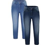 Caprijeans BONPRIX, Damen, Gr. 50, N-Gr, blau denim, dunkelblau denim used (länge: regulär), Denim/Jeans, Obermaterial: 82% Baumwolle, 17% Polyester, 1% Elasthan, slim fit, Jeans, Slim Fit, 3/4-Länge,