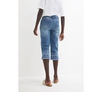 Caprijeans BONPRIX, Damen, Gr. 54, N-Gr, blau (blau bleached), Denim/Jeans, Obermaterial: 82% Baumwolle, 17% Polyester, 1% Elasthan, slim fit, Jeans, Slim Fit Passform, Capri-Länge, mit Stickerei (861