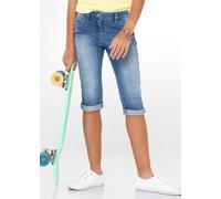 Caprijeans BONPRIX, Mädchen, Gr. 140, N-Gr, blau (blau stone), Obermaterial: 82% Baumwolle, 17% Polyester, 1% Elasthan, slim fit, Jeans, schmale Passform im Slim Fit, mit Krempelsaum an den Beinenden