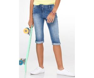 Caprijeans BONPRIX, Mädchen, Gr. 152, N-Gr, blau (blau stone), Obermaterial: 82% Baumwolle, 17% Polyester, 1% Elasthan, slim fit, Jeans, schmale Passform im Slim Fit, mit Krempelsaum an den Beinenden