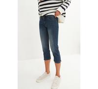 Caprijeans BONPRIX "Slim Fit Jeans Mid Waist, cropped", Damen, Gr. 42, N-Gr, blau (dunkelblau used), Denim/Jeans, Obermaterial: 82% Baumwolle, 17% Polyester, 1% Elasthan, unifarben, regular fit ca. Mi