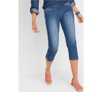 Caprijeans BONPRIX "Slim Fit Jeans Mid Waist, cropped", Damen, Gr. 50, N-Gr, blau (blau used), Denim/Jeans, Obermaterial: 82% Baumwolle, 17% Polyester, 1% Elasthan, unifarben, regular fit ca. Mitte Wa