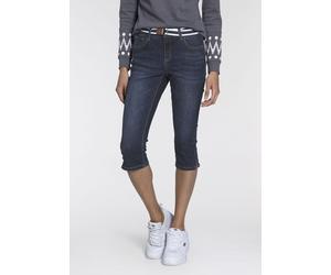 Caprijeans KANGAROOS "CAPRI-JEANS mit Gürtel", Damen, Gr. 50, N-Gr, blau (dunkelblau us), Denim/Jeans, Obermaterial: 70% Baumwolle, 26% Polyester, 3% Viskose, 1% Elasthan, Abriebeffekte, Basic, skinny