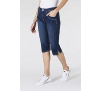 Caprijeans MAC "CAPRI", Damen, Gr. 48, Länge 19, blau (dunkelblau used), Denim/Jeans, Obermaterial: 98% Baumwolle, 2% Elasthan, Abriebeffekte, figurbetont kniebedeckend, Jeans, Eingelegte Zierfalten a