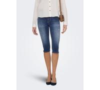 Caprijeans ONLY "ONLWAUW MID CAPRI SLIT DES DNM BOX", Damen, Gr. S, N-Gr, medium blau denim, Denim/Jeans, Obermaterial: 64% Baumwolle, 31% Polyester, 3% Viskose, 2% Elasthan, Destroyed-Effekte, unifar