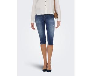 Caprijeans ONLY "ONLWAUW MID CAPRI SLIT DES DNM BOX", Damen, Gr. XS (34), N-Gr, medium blau denim, Denim/Jeans, Obermaterial: 64% Baumwolle, 31% Polyester, 3% Viskose, 2% Elasthan, Destroyed-Effekte,