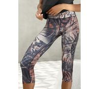 Caprileggings LASCANA ACTIVE "Tropical", Damen, Gr. XS (32/34), N-Gr, braun (gemustert, braun), Obermaterial: 94% Baumwolle, 6% Elasthan, gemustert, figurbetont kniebedeckend, Hosen, mit abstraktem Pa