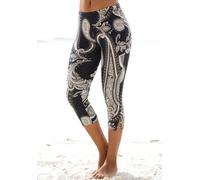 Caprileggings LASCANA, Damen, Gr. 32/34, N-Gr, schwarz (schwarz, bedruckt), Jersey, Obermaterial: 92% Baumwolle, 8% Elasthan, körpernah 3/4-Länge, Hosen, mit Zierbändern am Beinabschluss, Allover-Druc