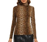Carcos Damen Rollkragen Langarm Shirt, Basic Rolli Oberteil Hoher Kragen Slim Fit T-Shirt Top für Herbst Winter,Leopard,3XL