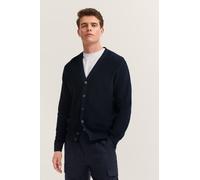 Cardigan BUGATTI "Regular Fit", Herren, Gr. L, blau (390, marine), Strick, 50% Baumwolle, 50% Polyester, unifarben, regular fit, V-Ausschnitt, Rippbündchen, Strickjacken, mit V-Ausschnitt und Ripp-Str
