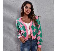 Cardigan Damen,Damen Strickjacke Vintage Rosa V-Ausschnitt Rhombus Jacquard Cropped Top Strickmantel Weicher Warmer Herbst Winter Strickjacke Langarm Knopf Offen Pullover Lässige Outing Outwear,S