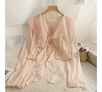 Cardigan Damen,Damen Strickjacken Sommer Rosa Solide Chiffon V-Ausschnitt Rüschen Krawatte Ausgestellte Ärmel Leicht Lässig Lange Ärmel Vorne Offen Kurz Cropped Cardigans Bluse Sheer Bikini Beac
