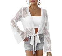 Cardigan Damen Kurz, Bolero Cardigan Für Damen, Offener Häkelstrick Bolero, Schulterjacke Mit Lochmuster, Langen Ärmeln, Eleganter Sommer Strandüberwurf, Weiß, Einheitsgröße