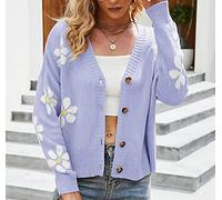 Cardigan Damen,Lässige Lila Damen Blumen Kurze Strickpullover Strickjacke Ultra-Weiche Frontoffene Pullover Langarm Chunky Warme Oberbekleidung Jacke Mantel,S